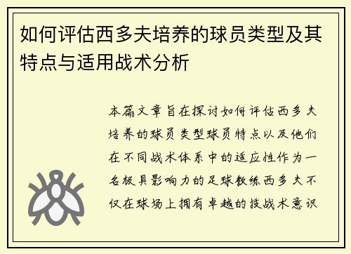 如何评估西多夫培养的球员类型及其特点与适用战术分析